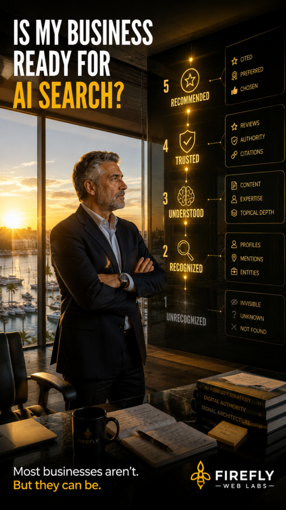 A business owner uses the Firefly Visibility Ladder and Five Question Visibility Test to assess where their company stands in AI search readiness across recognition, corroboration, trust, and expertise signals